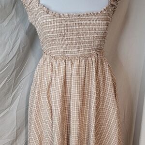 Free People Checkered Midi Dress in Cream and Brown